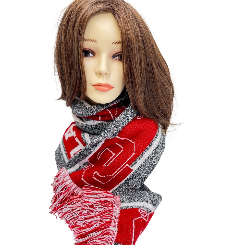 Oklahoma Sooners NCAA Knit Scarf Red Grey White OU Logo Fringed Fan Gear